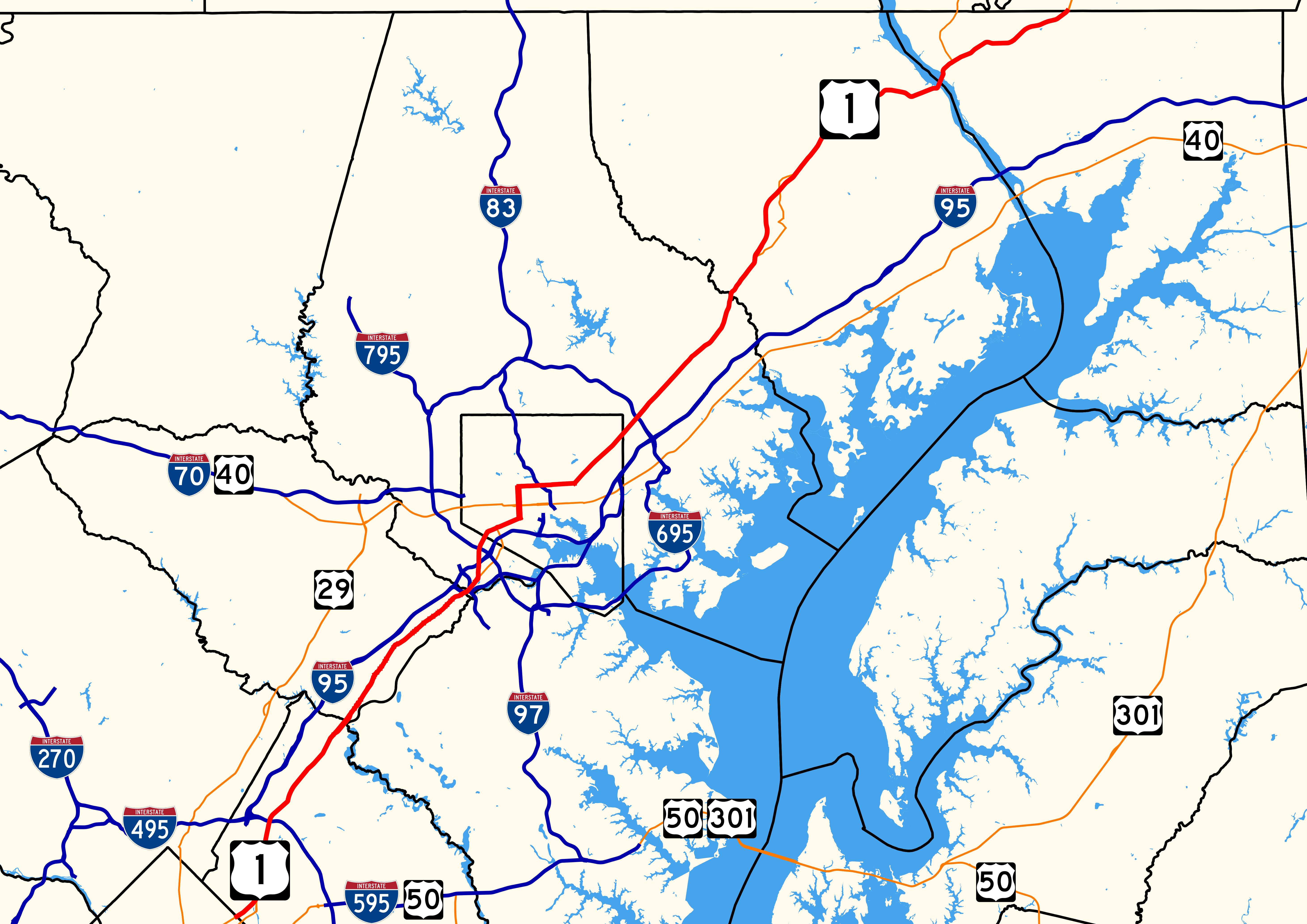 Map of US 1's path through the state of Maryland